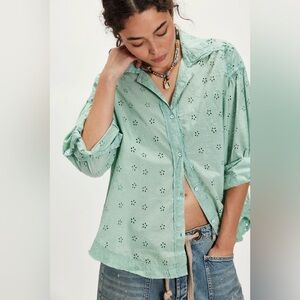 NWT We The Free Mae Washed Eyelet Shirt ~Faded Green Wash~